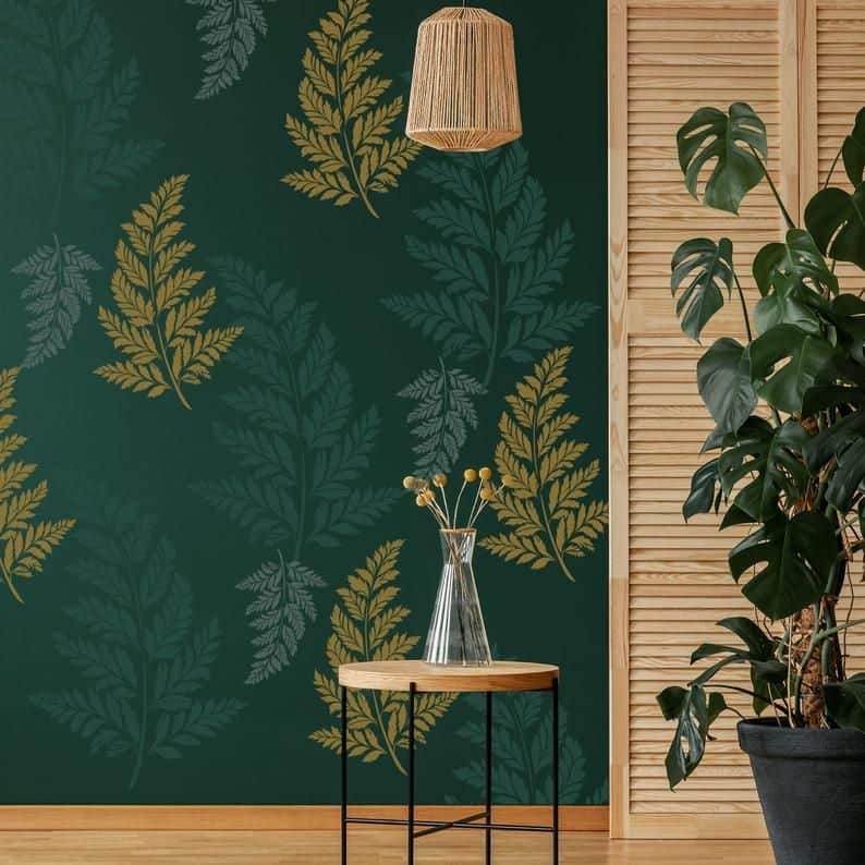 paint wall design in green color with fern leaves stencils