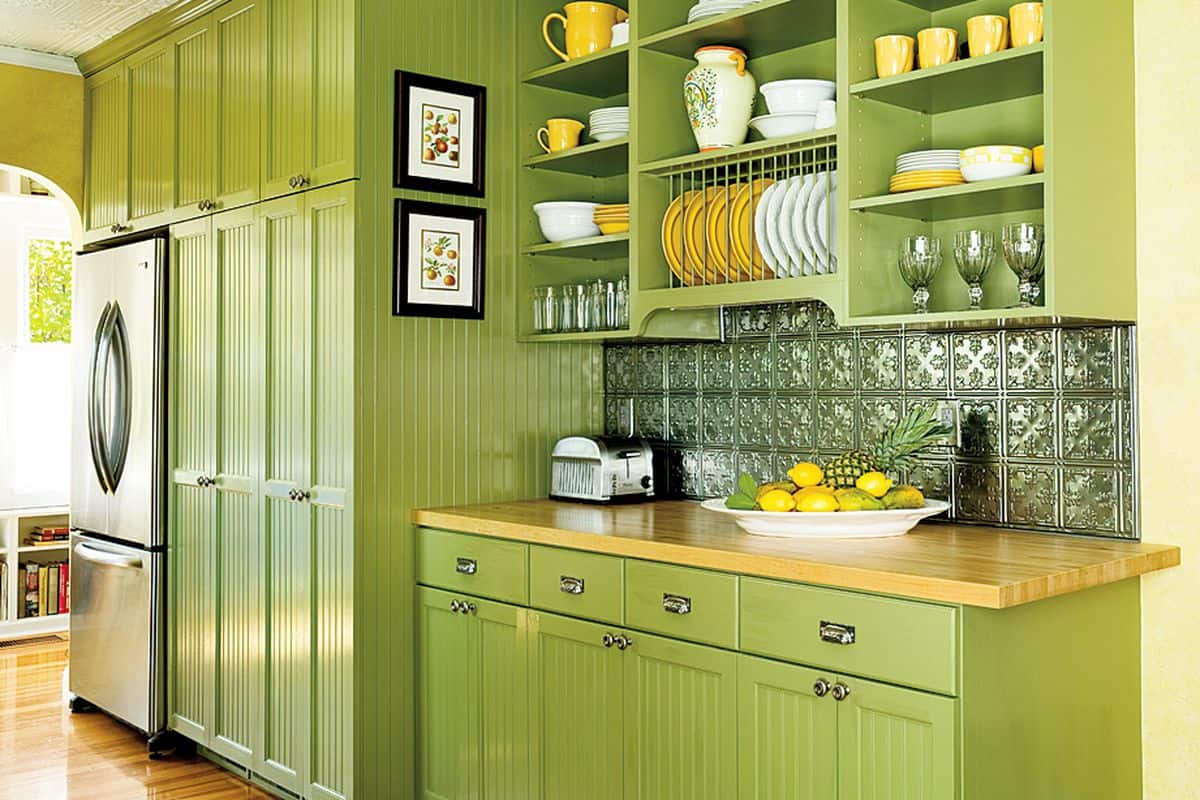 green painted kitchen cabinets