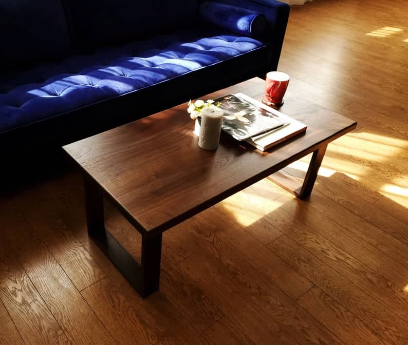 plywood coffee table with flower planter and red mug on top