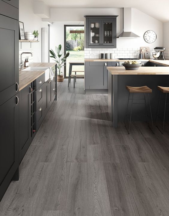 dark coloured laminate flooring tile for kitchen with black furniture