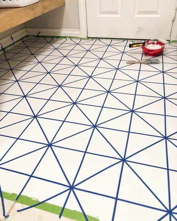 white floor paint with blue lines
