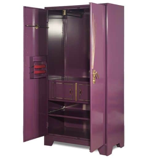 traditional pink steel wardrobe with interior design, lights, and drawer system