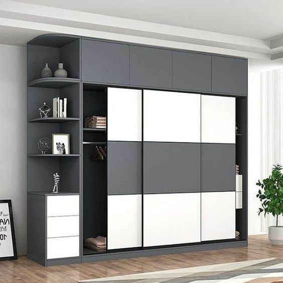 white and grey sliding wardrobe designs with side shelf