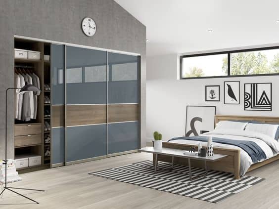 blue and grey glossy sliding wardrobe for bedroom
