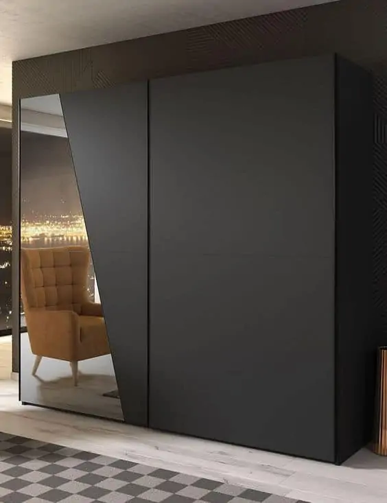 black sliding wardrobe with asymmetrical mirror on one side