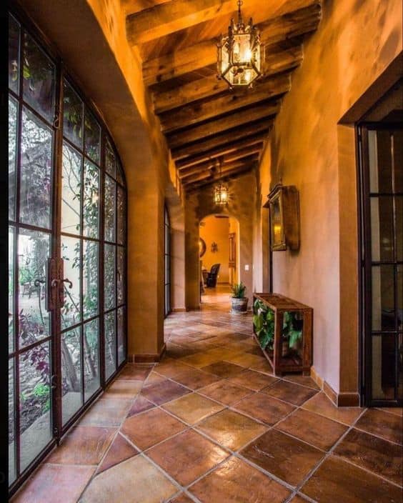 stone flooring tiles for hallway with wooden roof and glass doors