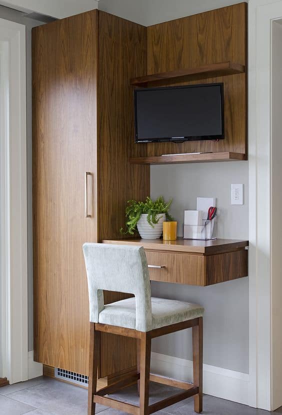 brown wardrobe designs with single door and study table with white chair