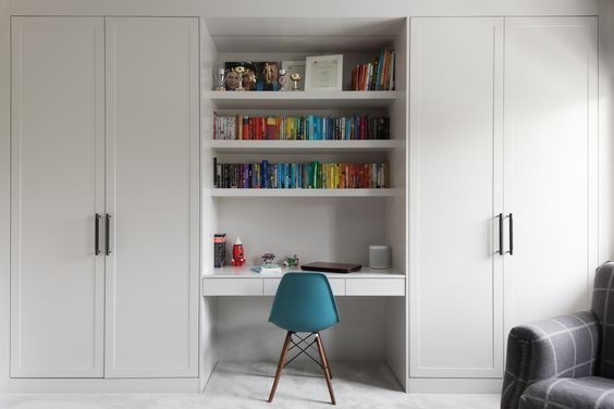 white wardrobe designs with a study table in between two hinged closet