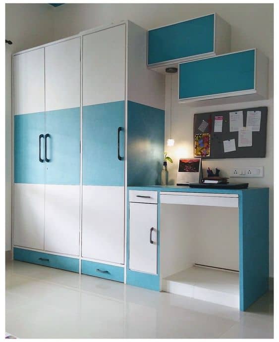 white and blue wardrobe designs with study table