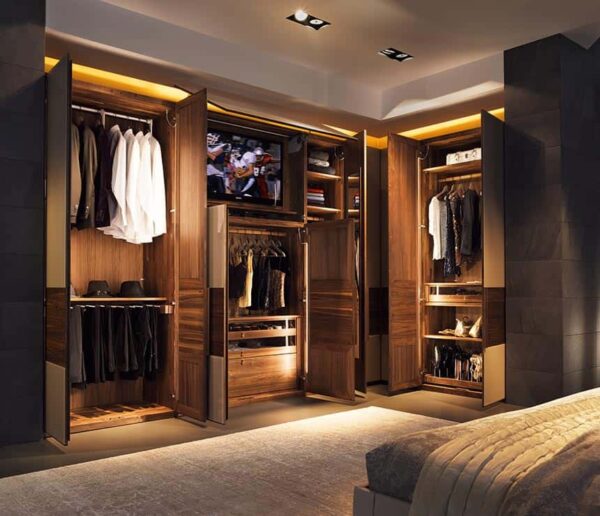 walk in wardrobe with lighting and wooden texture