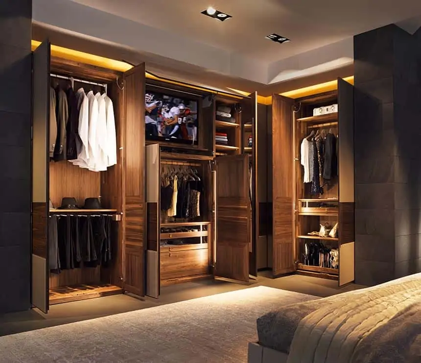 walk in wardrobe with lighting and wooden texture