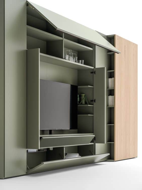 green wardrobe design with TV unit and pullout doors