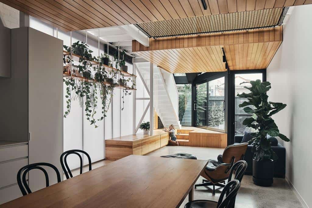 home design interior with wooden ceiling and a wood seating deck