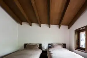 home design interior with wooden ceiling and two beds