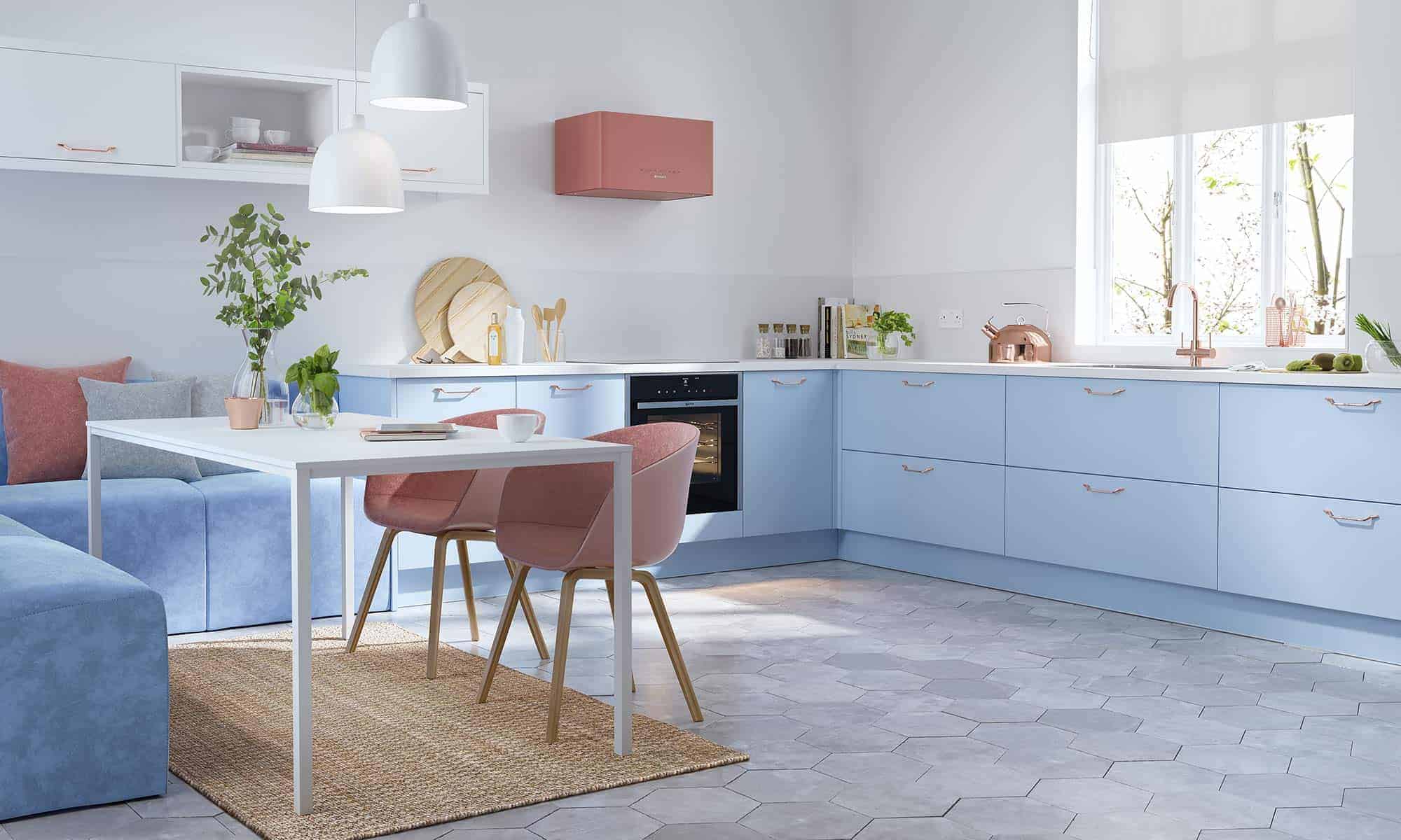 blue L-shaped kitchen design layout