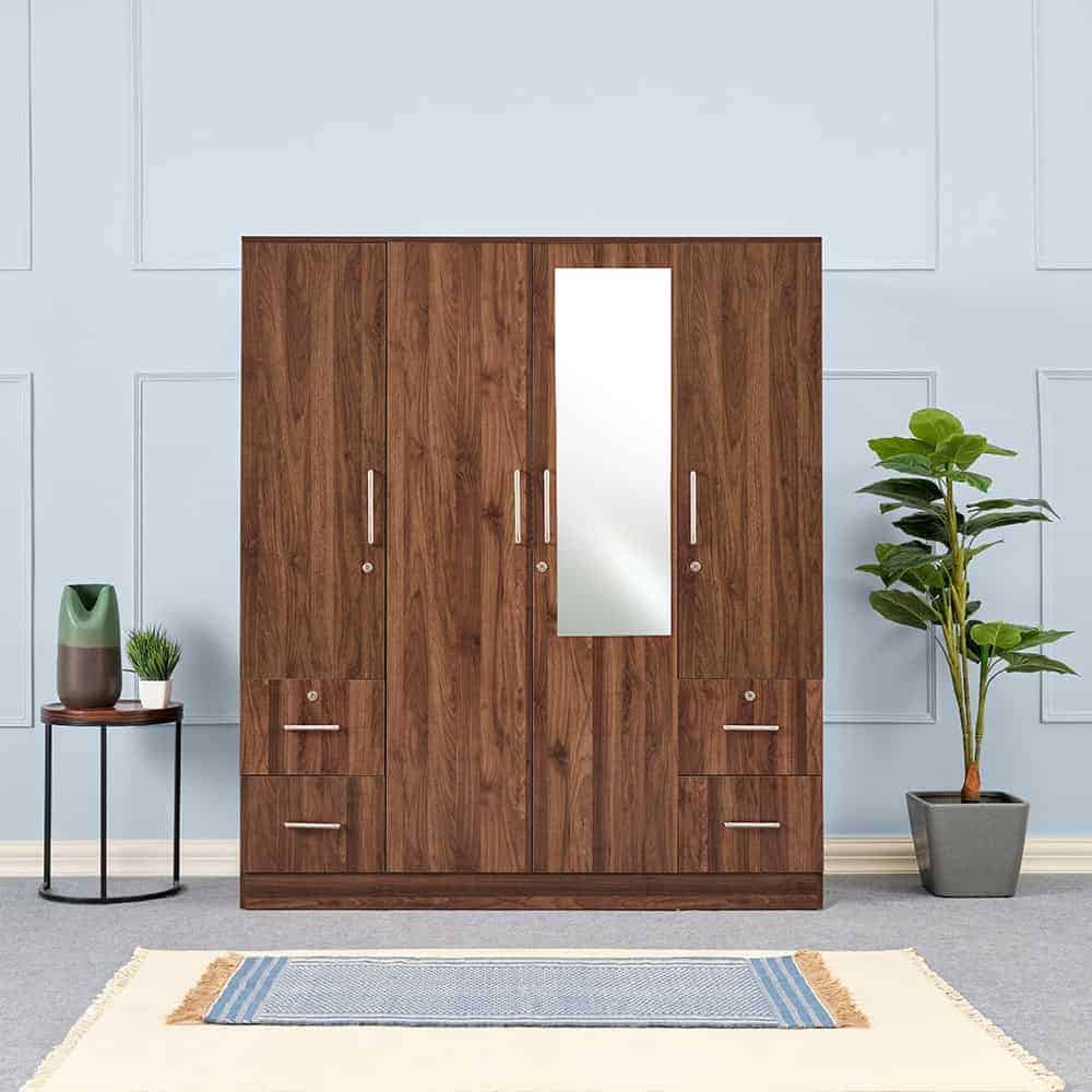 Wakefit Plaid 4 Door Wardrobe With Side Drawer and Mirror for interior 