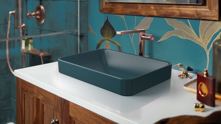 Kohler FOREFRONT vessel; peacock green rectangular bathroom sink; building materials industry