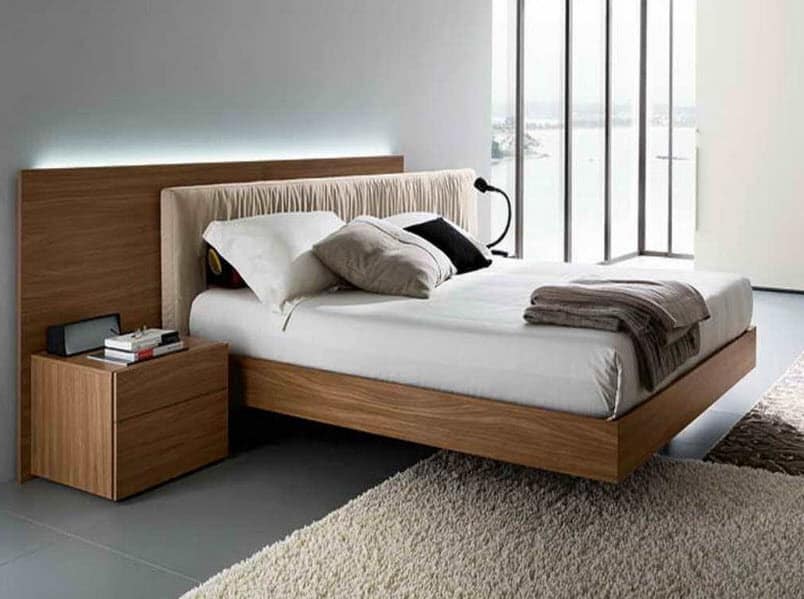 Modern wall-mounted platform bed, wooden double bed design with bedside table, modern bed designs