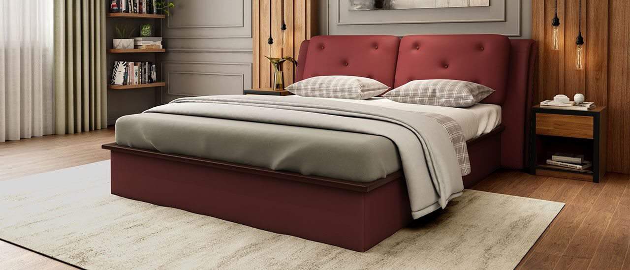 burgundy king size plyboard bed, Cambert Hydraulic Bed by Durian