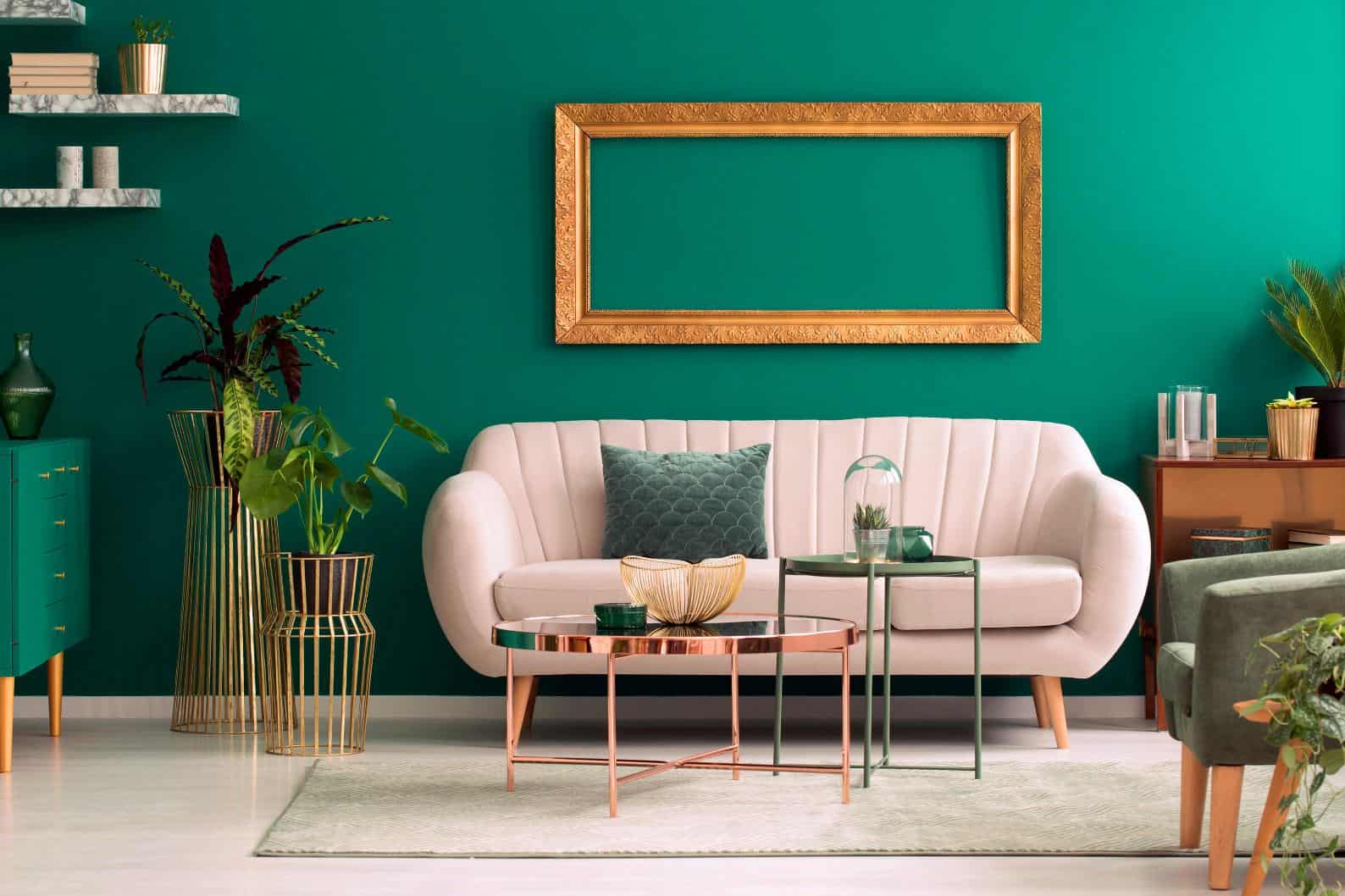  bluish green wall for living room with muted furniture