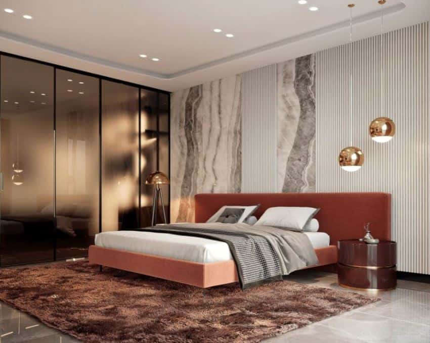 bedroom design with wardrobe having frosted gl، and task lighting