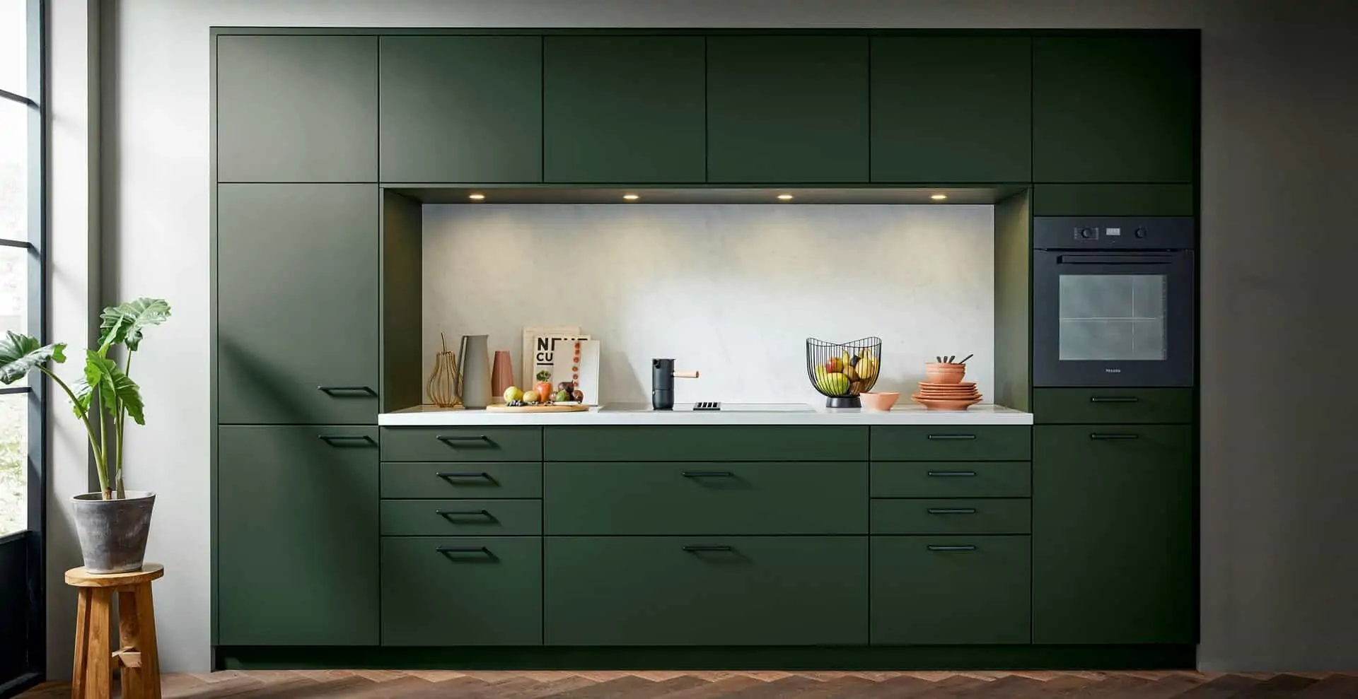 green designer kitchen colour with island, cabinets, and cupboard