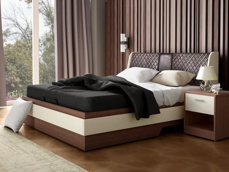 contemporary style king size designer bed in Valigny Oak finish with cu،oned headboard