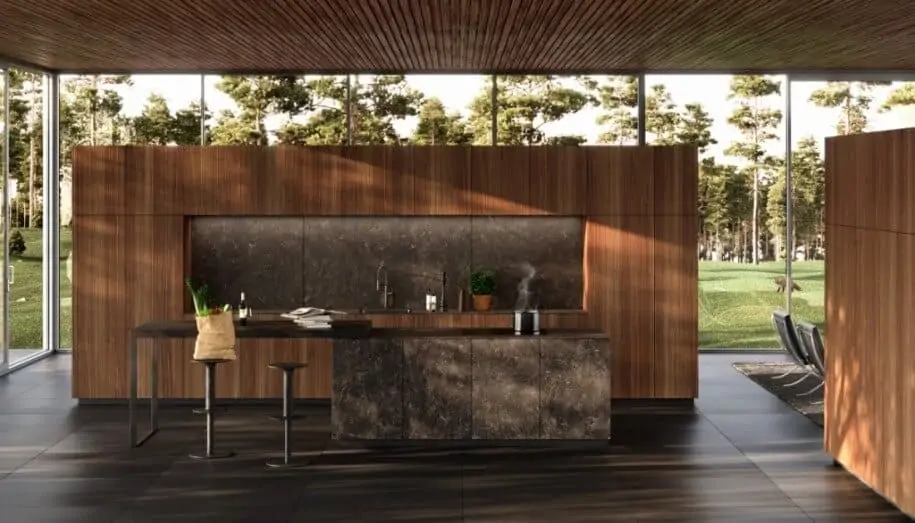 designer kitchen in wooden colour for island, cabinets, and cupboards