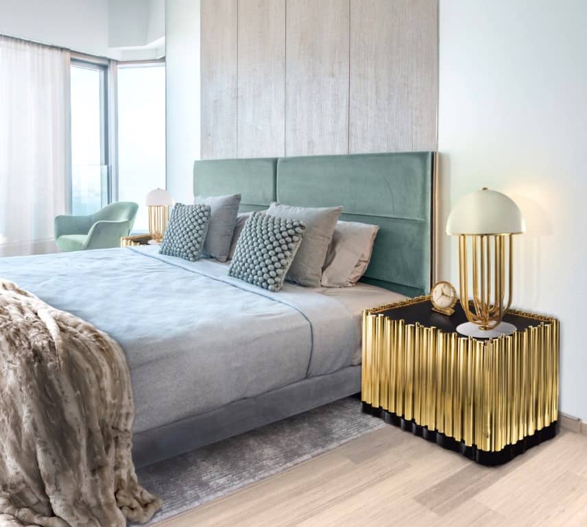 golden nightstand in the bedroom
