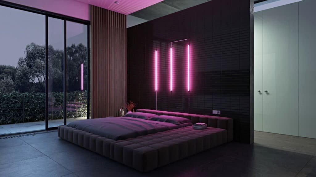  dark themed bedroom layout with ambient lighting; Bedroom wall tiles 
