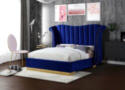 blue coloured king size bed with designer headboard