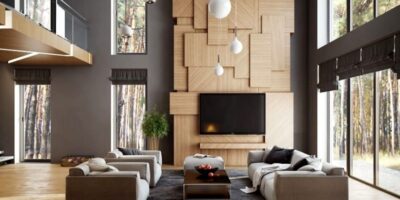 modern wood wall paneling in a living room