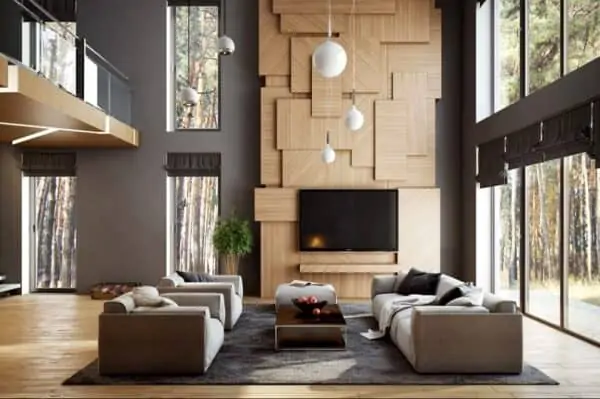 modern wood wall paneling in a living room