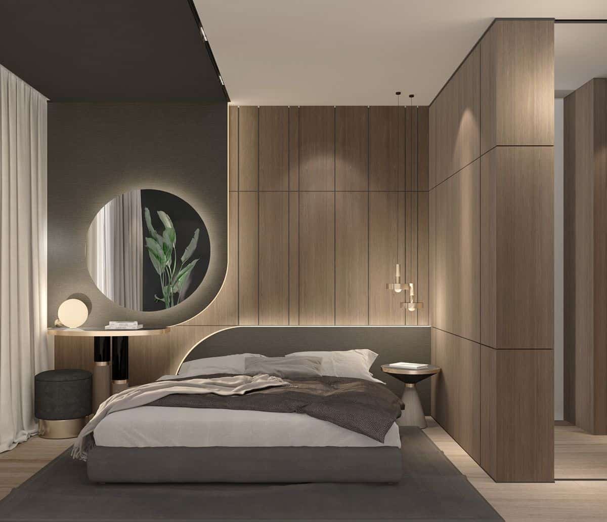  A mid-century modern bedroom layout with wood wall and accent lighting; bedroom wall tiles