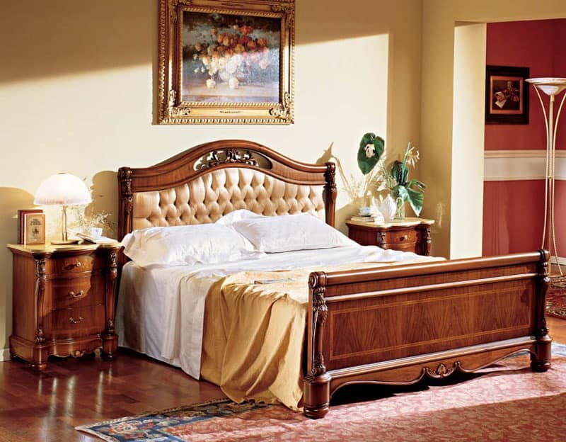 uxury double bed with upholstered headboard with bedside table