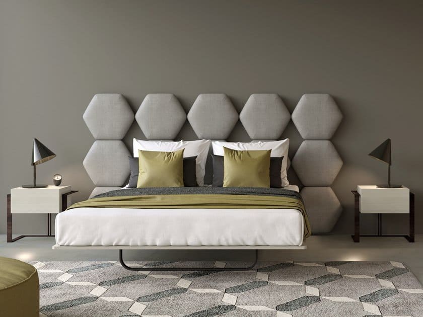  Fabric double bed with up،lstered headboard in grey colour