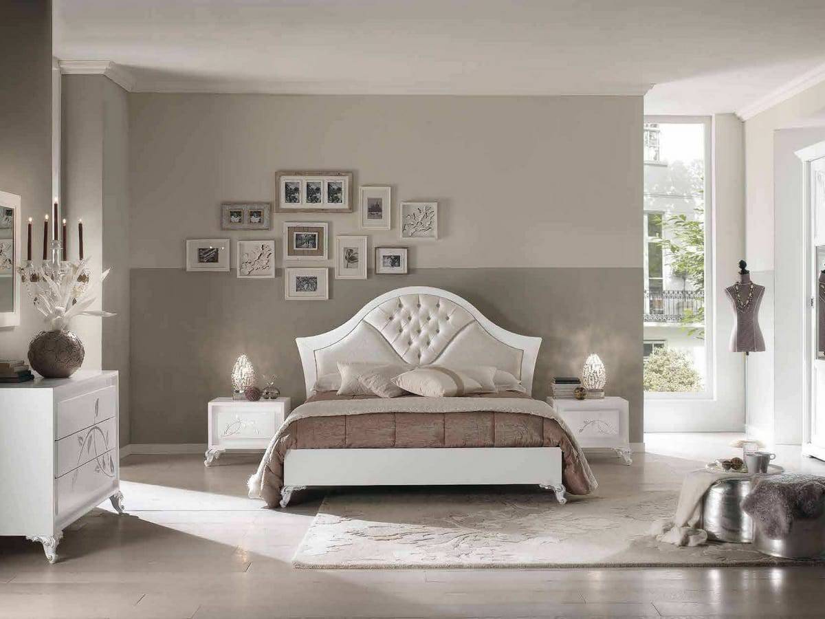 Elegant wooden double bed with white finish with matching bedside table