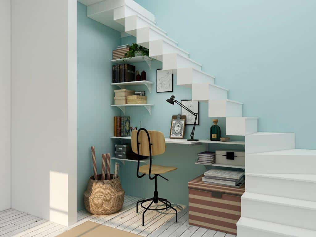  powder blue wall beside staircase