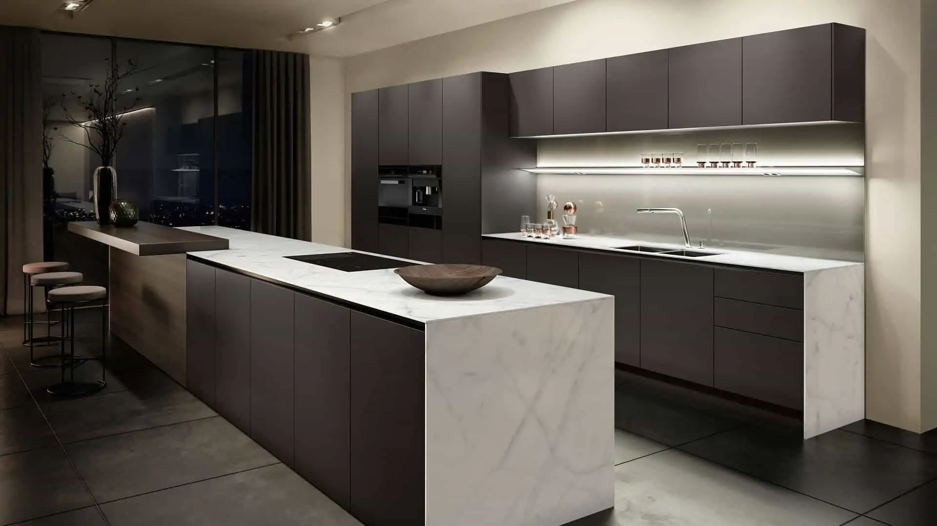 Designer kitchen in subtle colours with cabinet and cupboard