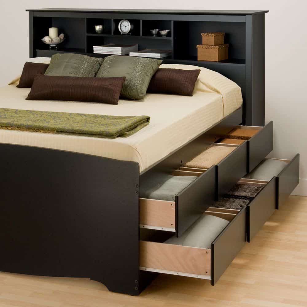 bed design with multiple storage boxes and drawers
