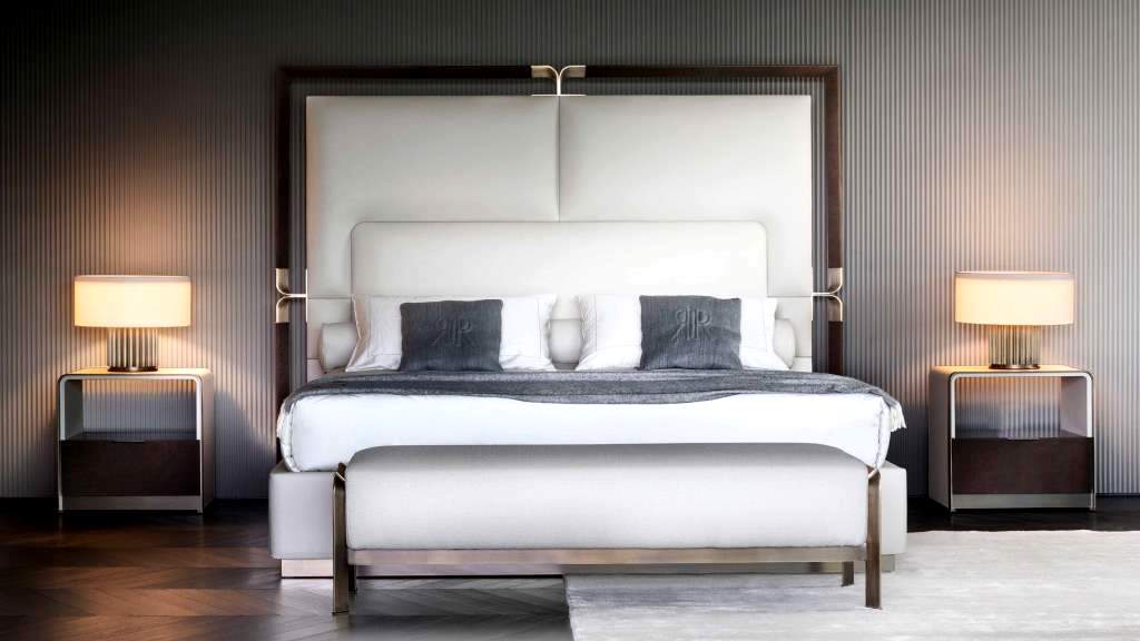 white luxury tall upholstered headboard and sidetables