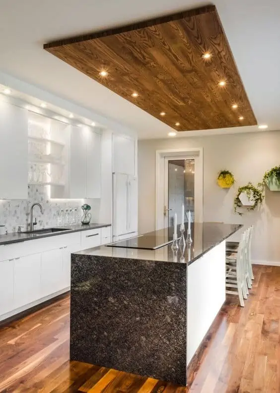 wooden plank on ceiling of kitchen