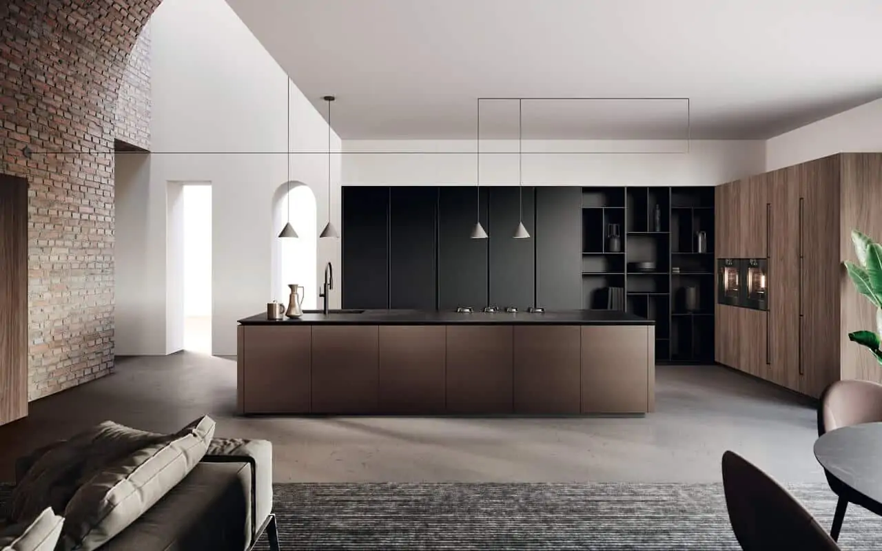 Designer kitchen in subtle colours with cabinet and cupboard