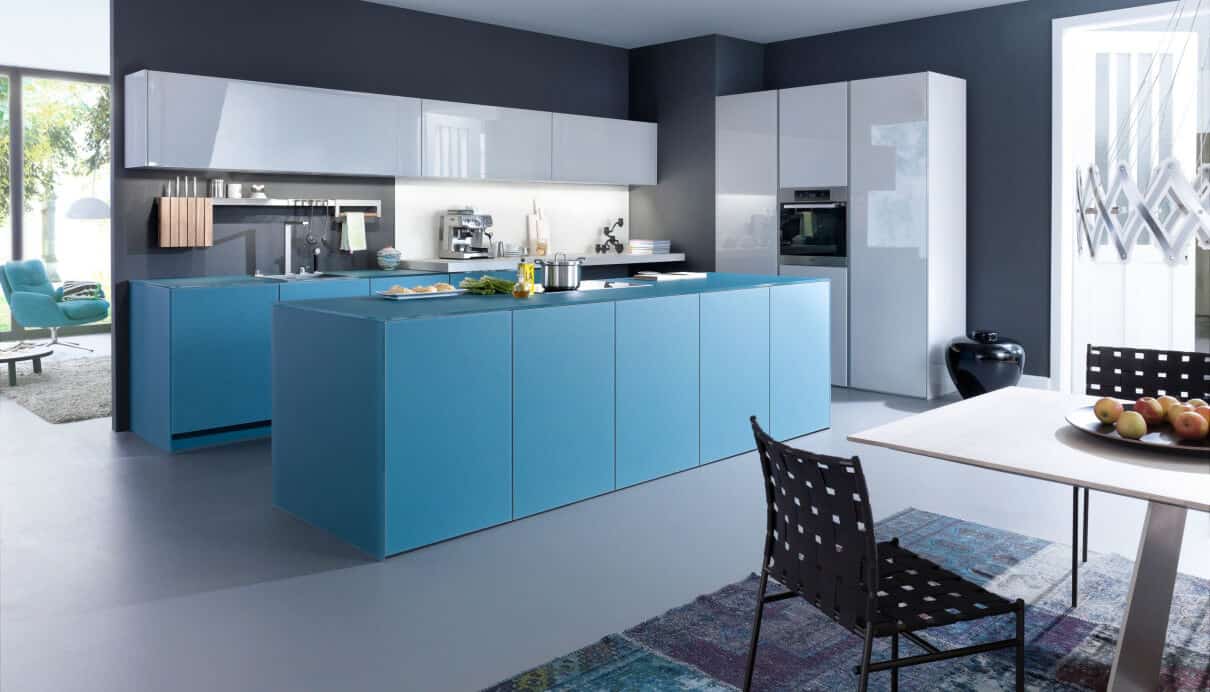 Designer kitchen in blue colours with cabinet and cupboard