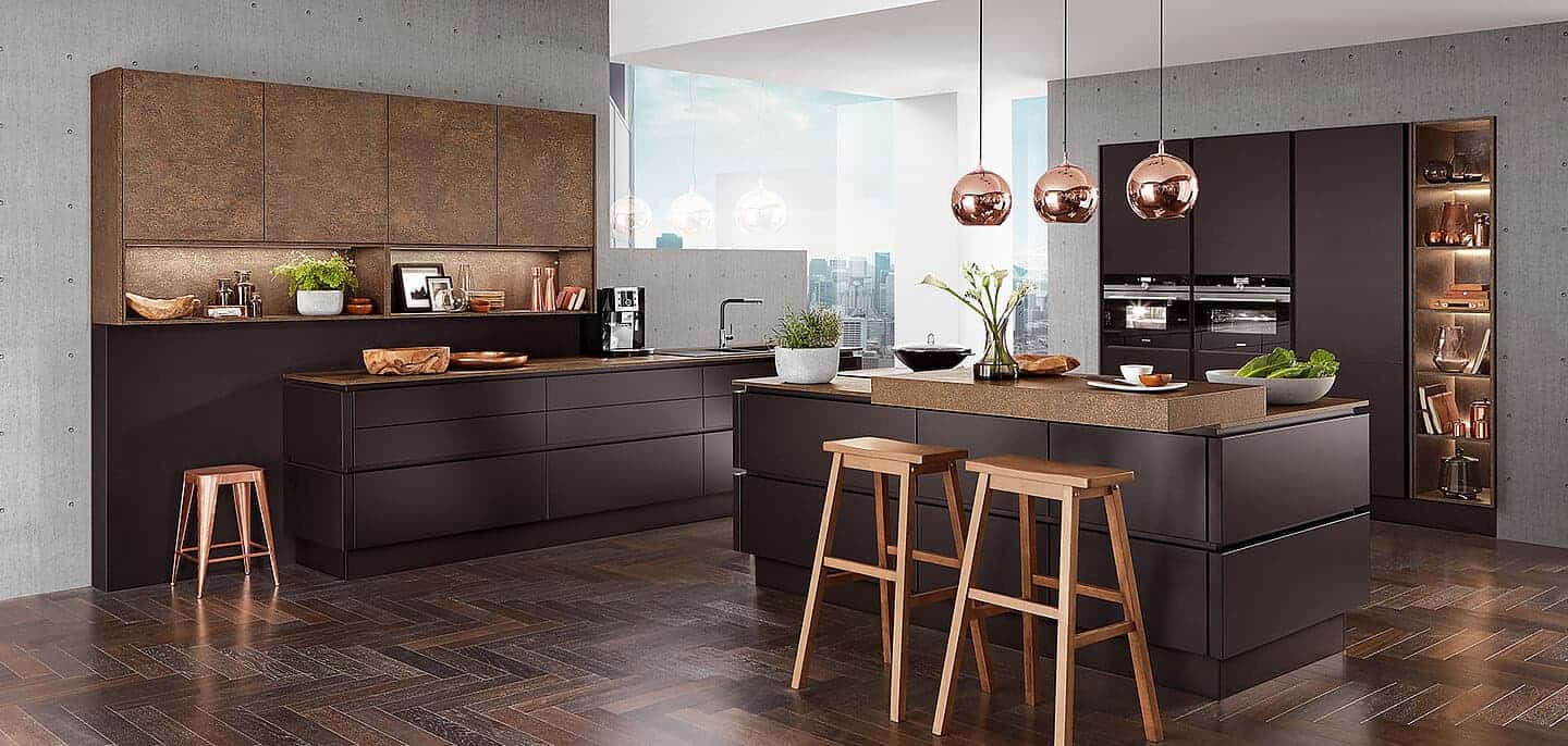 smart cooking area with wooden furniture