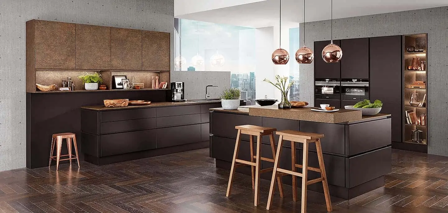 smart cooking area with wooden furniture