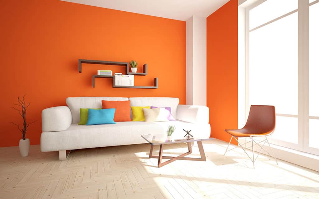  bright orange living room wall paint colour with white trims