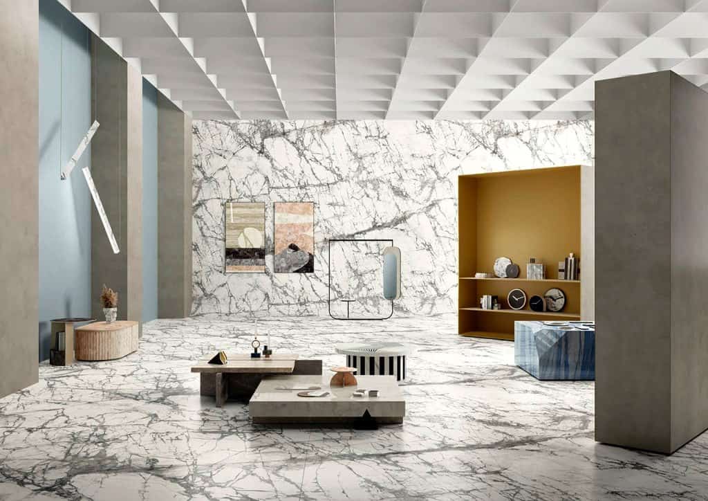 white marble tile flooring and wall design
