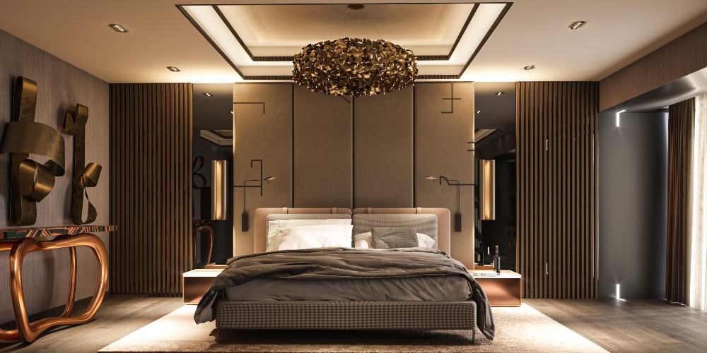 a well lit luxury bedroom with coffered false ceiling