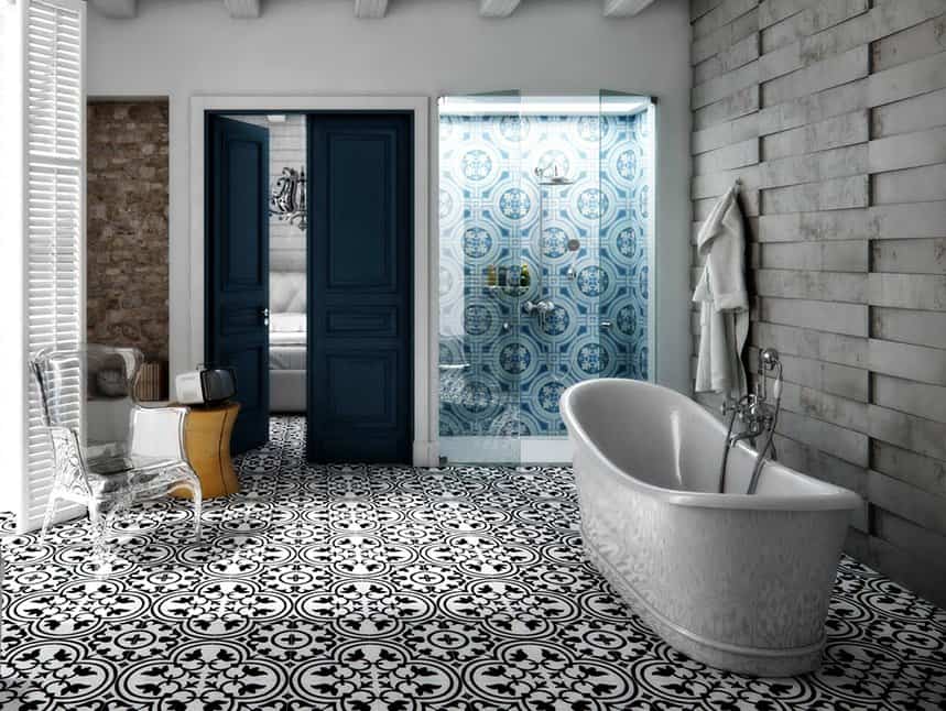 black and white floor with a contrasting bathroom ceiling design 